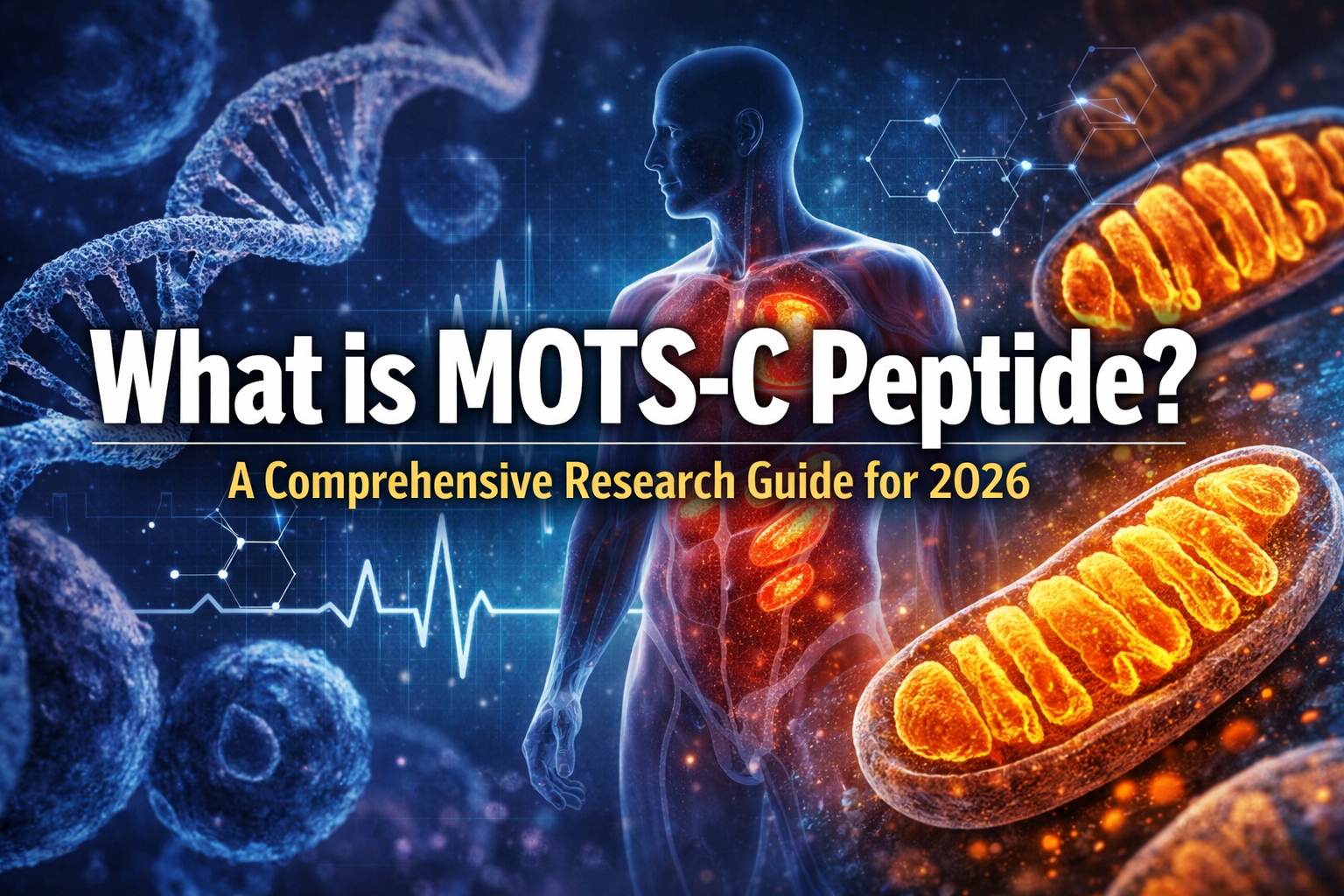 Professional landscape hero image (1536x1024) with bold text overlay: "What is MOTSC Peptide? A Comprehensive Research Guide for 2026". Mode
