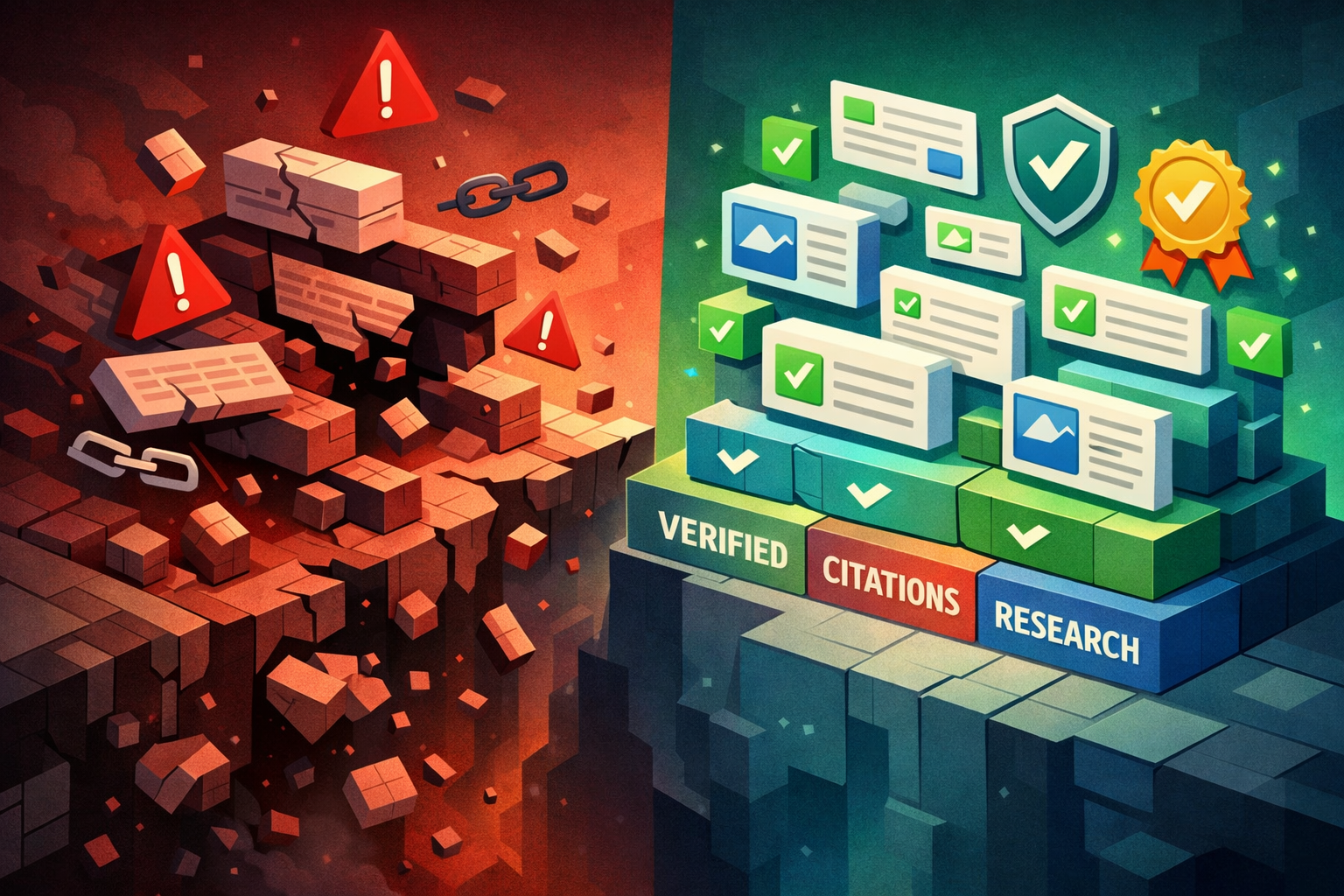 Detailed () conceptual illustration depicting the consequences of unsourced content creation, showing a split comparison: