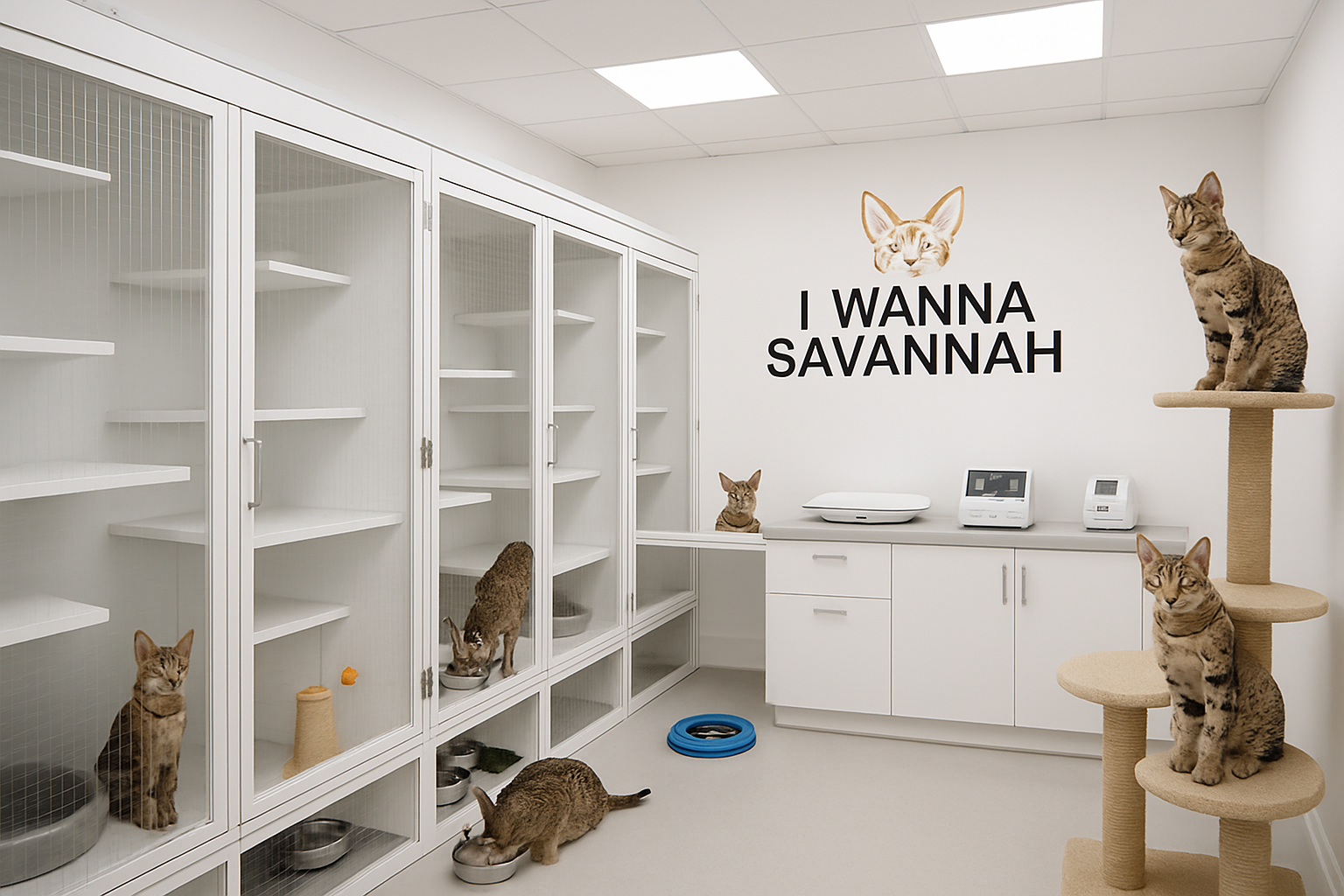 Professional breeding facility interior showing spacious, clean cattery with multiple levels, enrichment toys, feeding stations, and health
