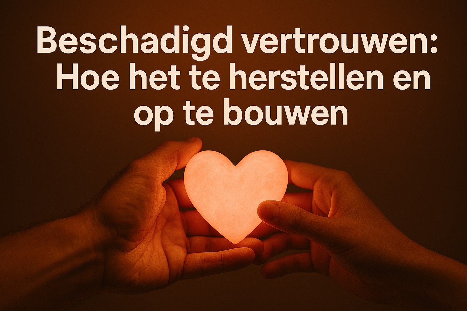 Professional landscape hero image (1536x1024) featuring bold text overlay "Beschadigd vertrouwen: Hoe het te herstellen en op te bouwen" in 