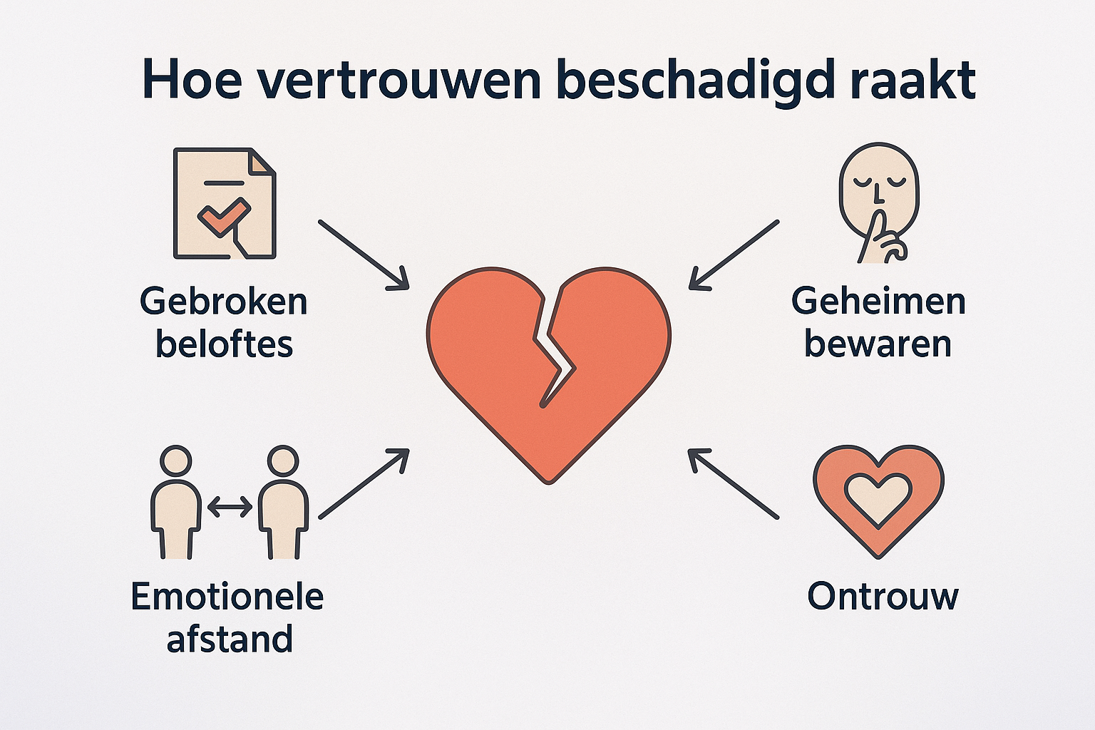 Professional landscape infographic (1536x1024) for section "Wat is beschadigd vertrouwen en hoe ontstaat het?". Type: Visual Diagram. Soft g