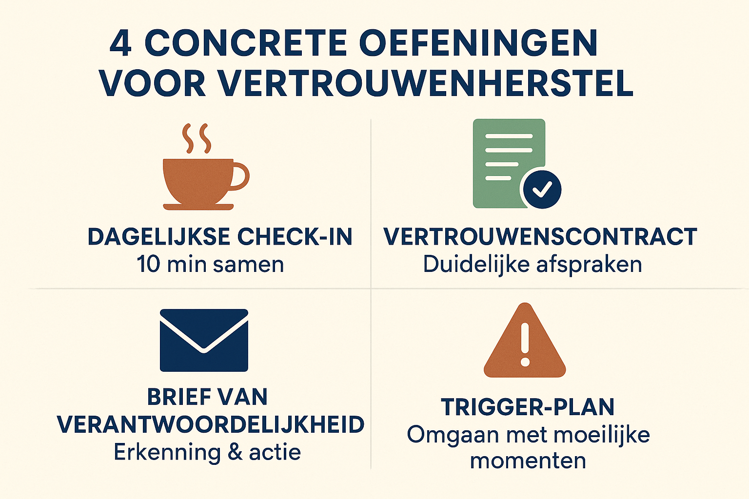 Professional landscape infographic (1536x1024) for section "Praktische oefeningen om vertrouwen te herstellen". Type: Visual Guide with Icon
