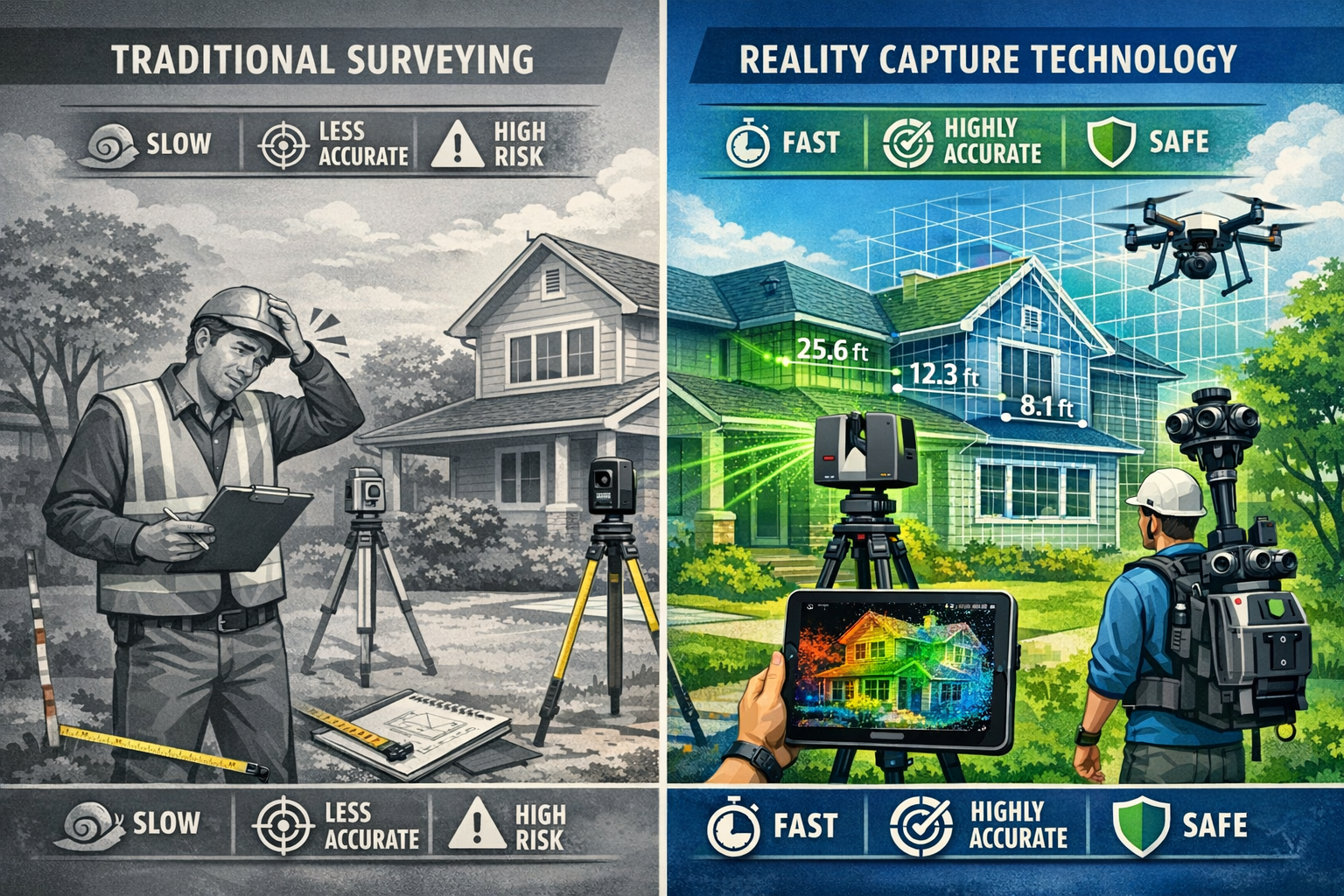 Landscape format (1536x1024) detailed illustration showing side-by-side comparison of traditional property surveying versus modern reality c
