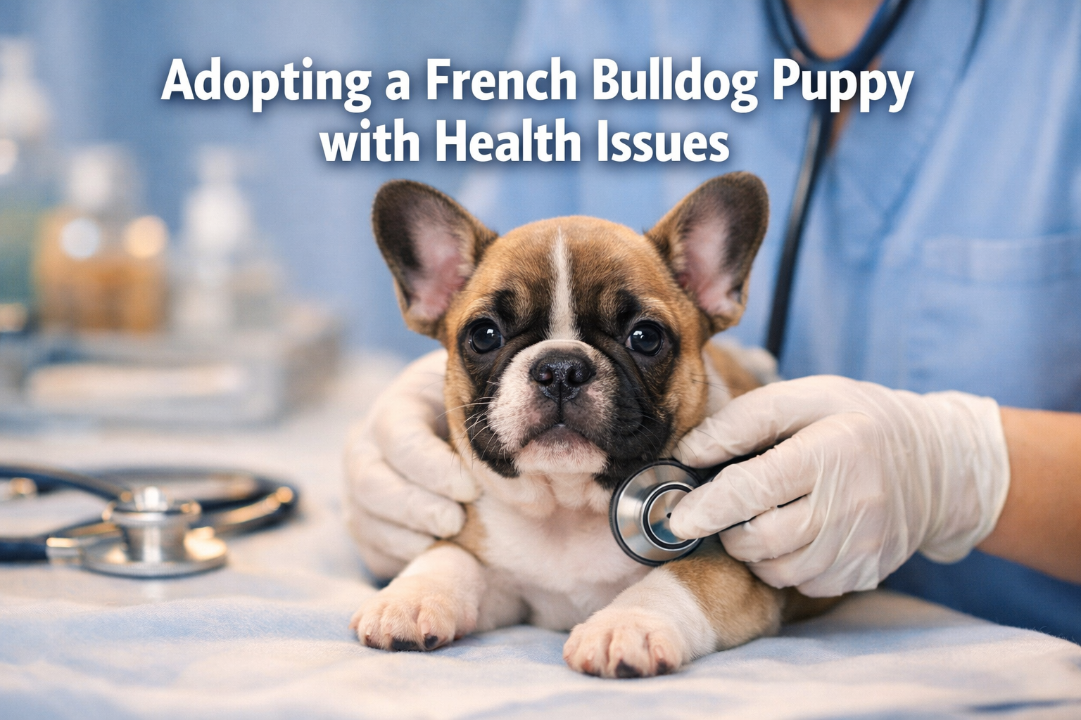 Professional landscape format (1536x1024) hero image with bold text overlay: 'Adopting a French Bulldog Puppy with Health Issues', modern sa