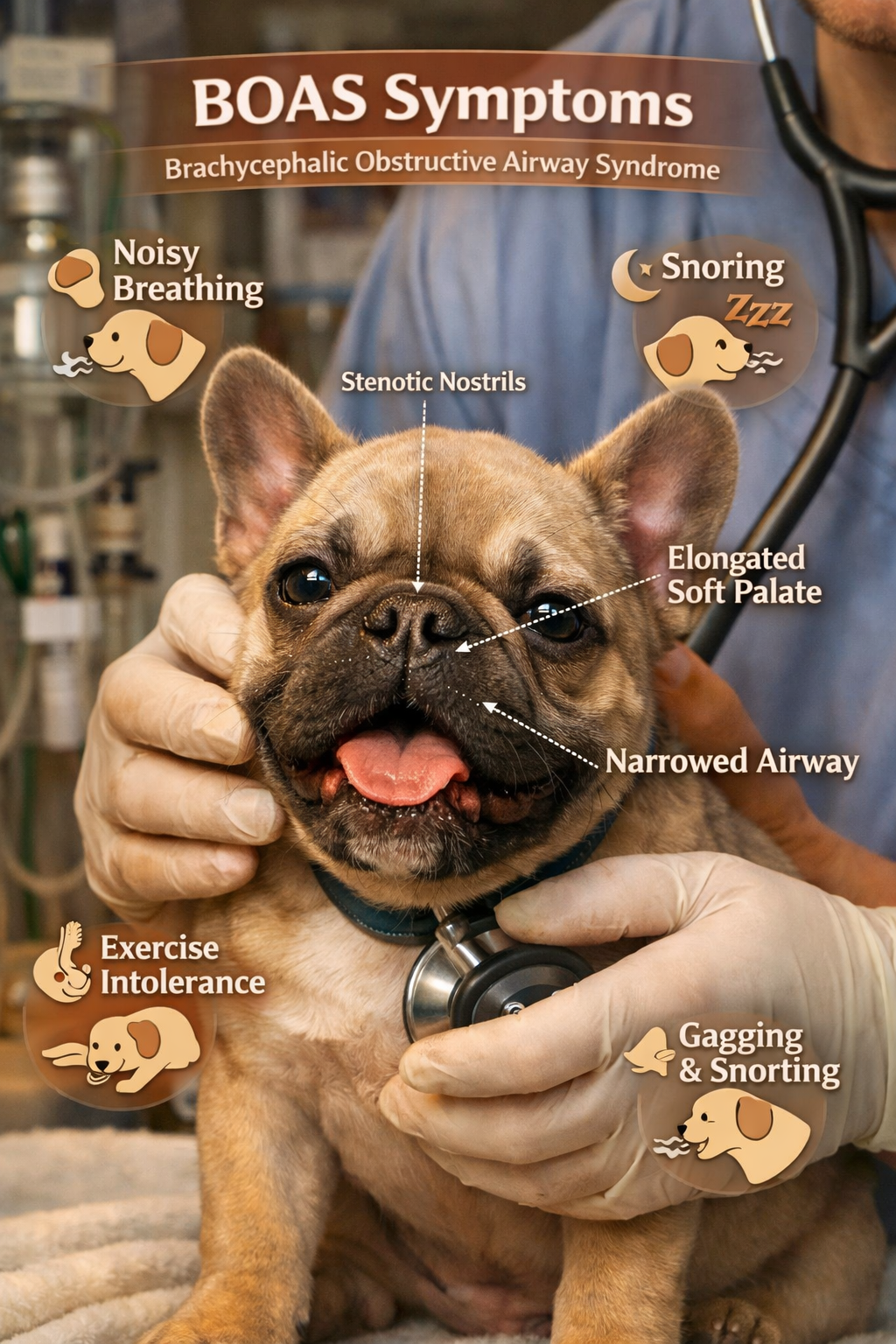 Portrait format (1024x1536) showing French Bulldog puppy with breathing difficulties being examined by veterinarian, close-up of flat face s
