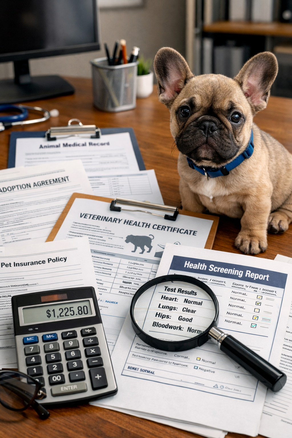 Portrait format (1024x1536) featuring adoption paperwork and health records spread on table, French Bulldog puppy sitting nearby, veterinary
