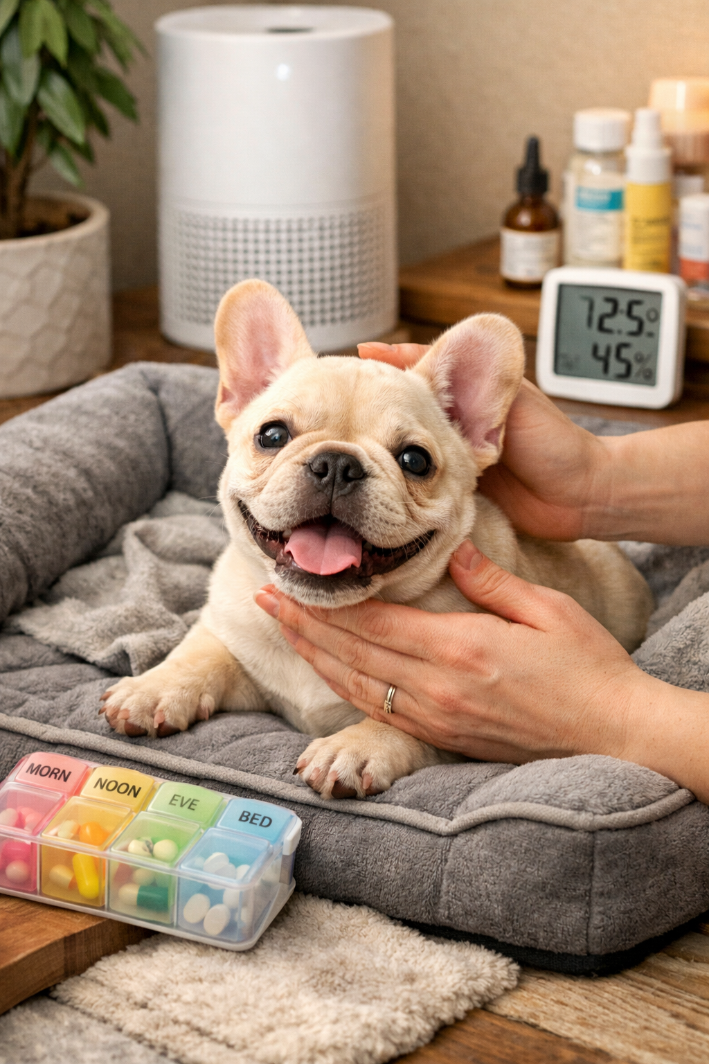 Portrait format (1024x1536) showing happy French Bulldog puppy in comfortable home environment, special orthopedic bed, air purifier in back