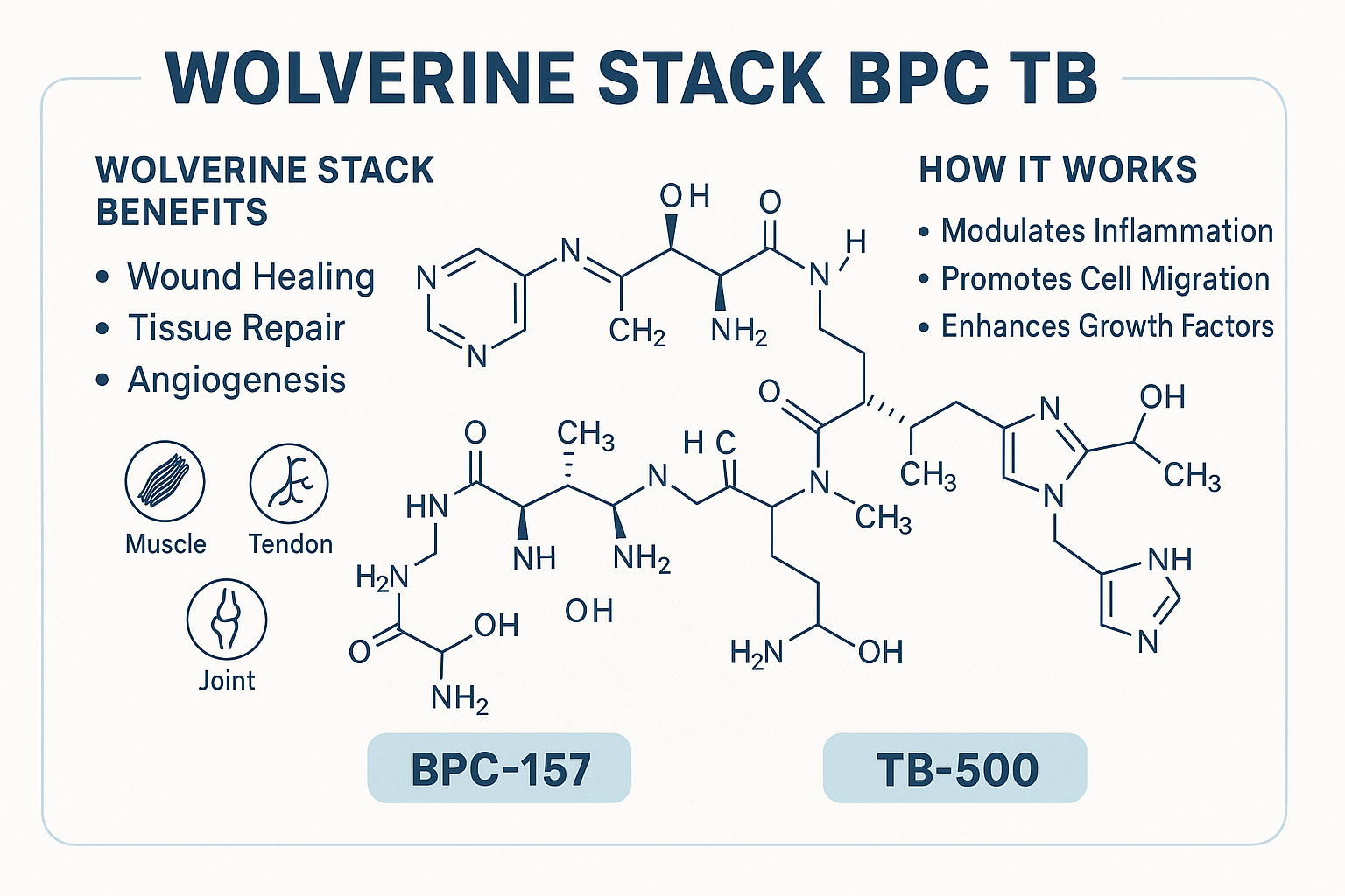 An intricate infographic illustrating the individual components of the wolverine stack peptide, specifically highlighting BPC-157 and TB-500