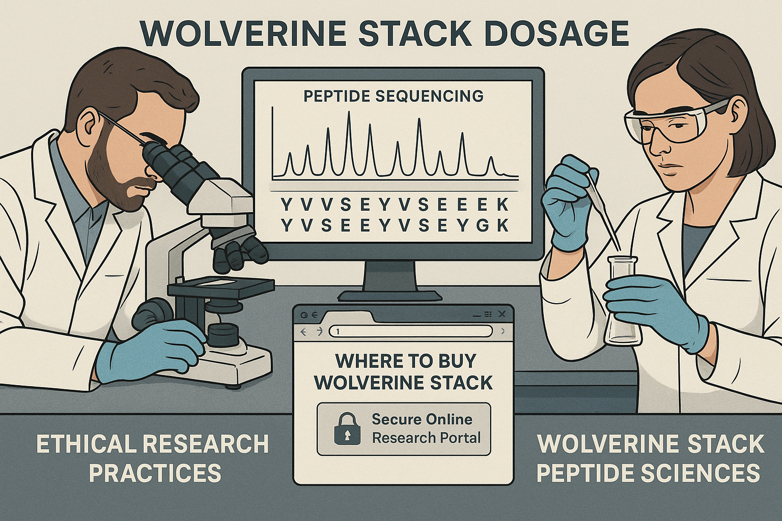 A visual representation of the research process for studying the wolverine stack, including elements like a scientist looking at a microscop