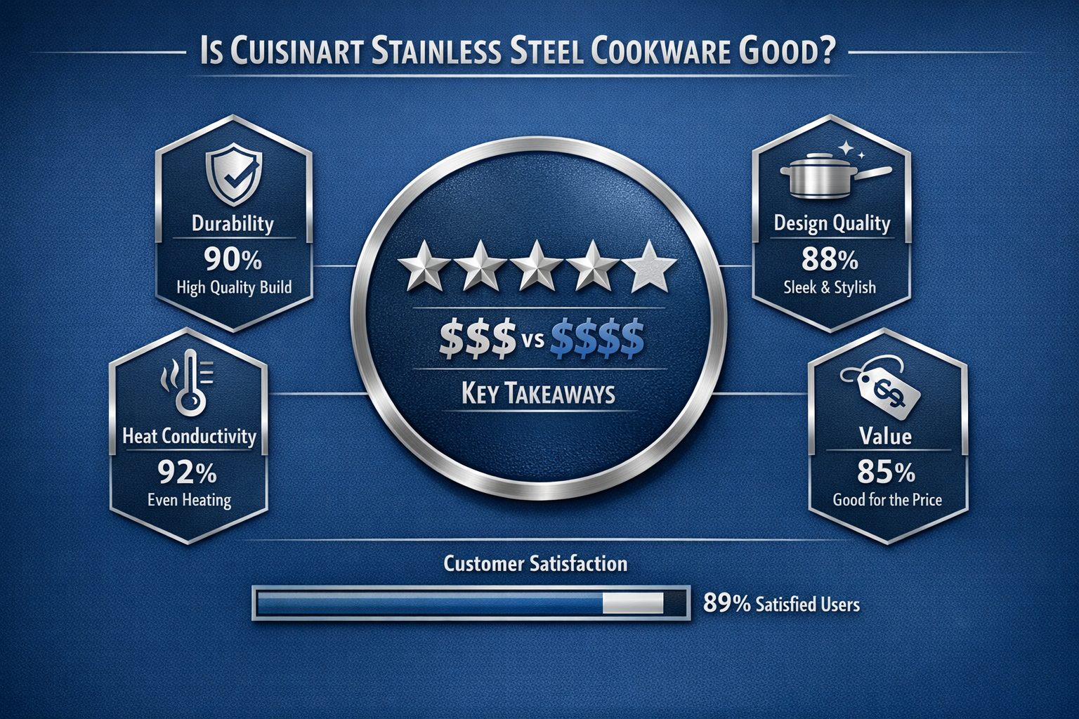 Infographic-style key takeaways visualization for 'Is Cuisinart Stainless Steel Cookware Good', featuring hexagonal icons representing perfo