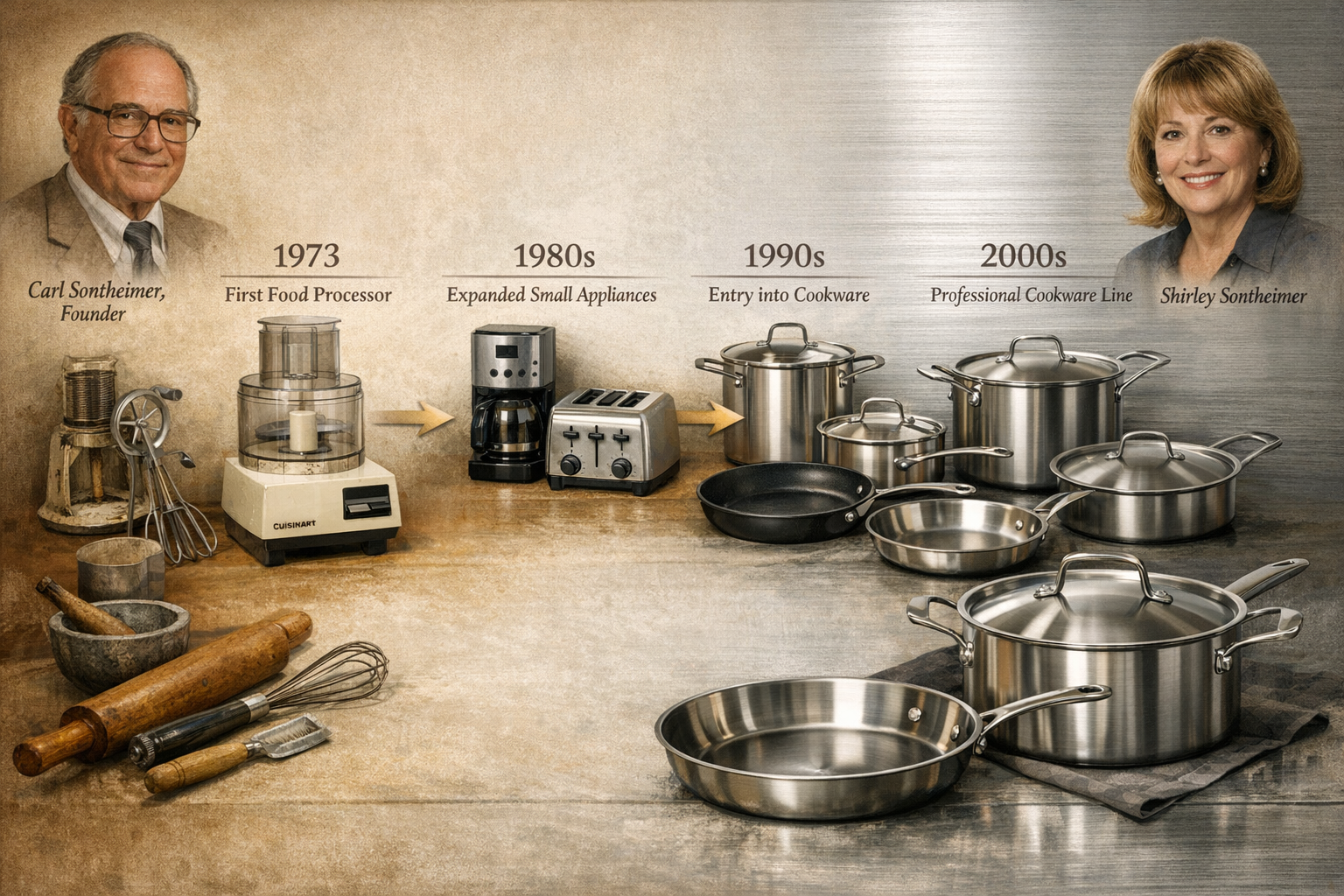 Historical timeline illustration showcasing Cuisinart's evolution from small kitchen appliance innovator to professional cookware manufactur