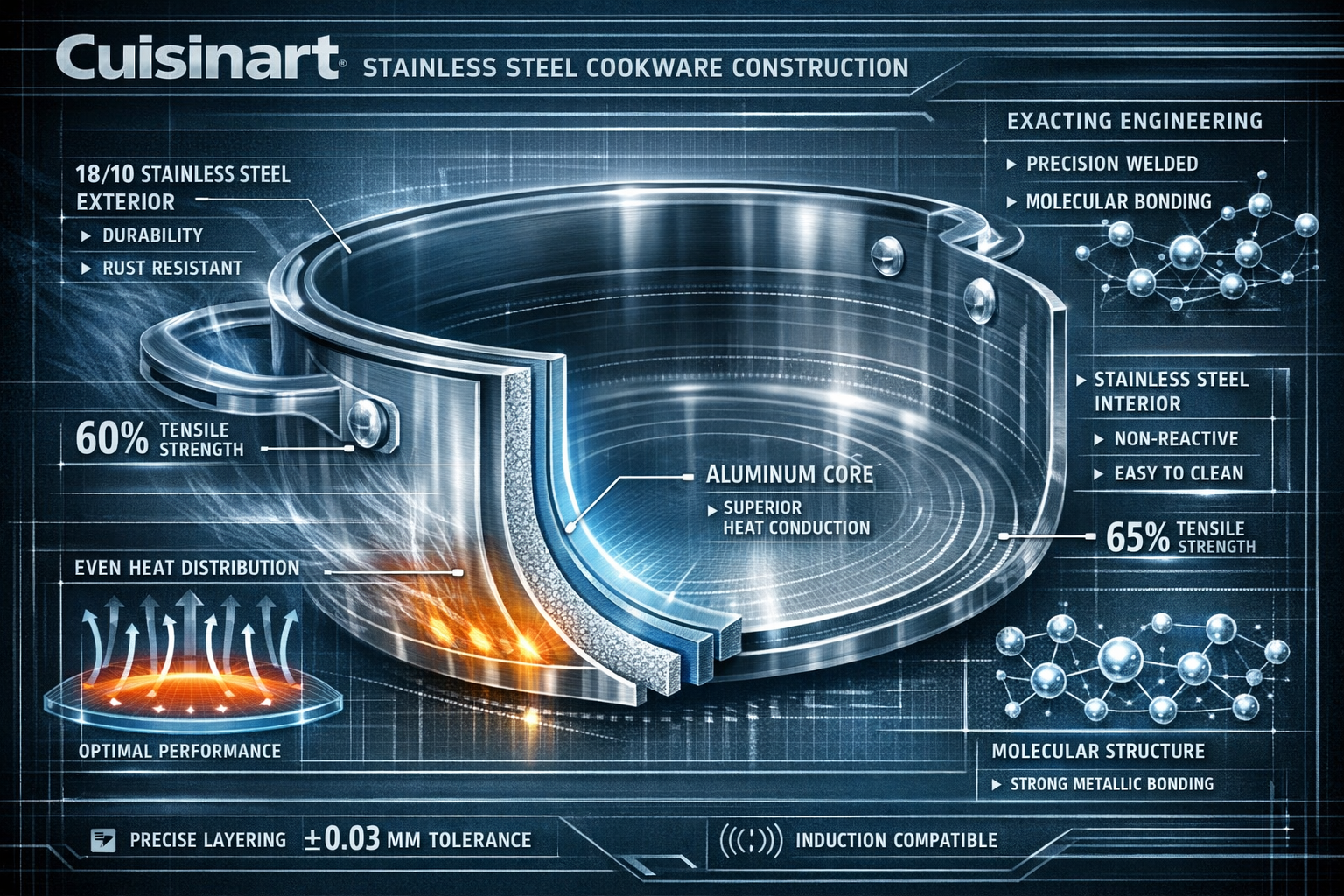 Cutaway technical diagram of Cuisinart stainless steel cookware construction, revealing multi-layer metal composition. X-ray style cross-sec
