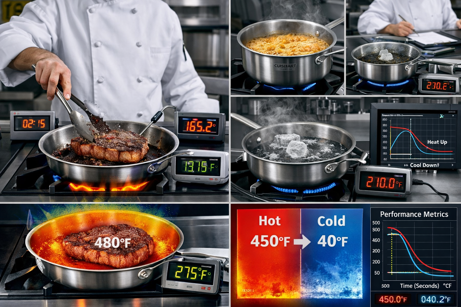 Professional kitchen performance testing scene featuring Cuisinart stainless steel cookware. Split-screen composition showing controlled coo