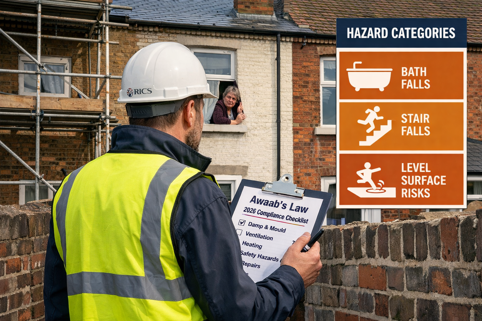 Wide-angle editorial illustration showing a RICS-qualified party wall surveyor in a hard hat and hi-vis vest standing at the