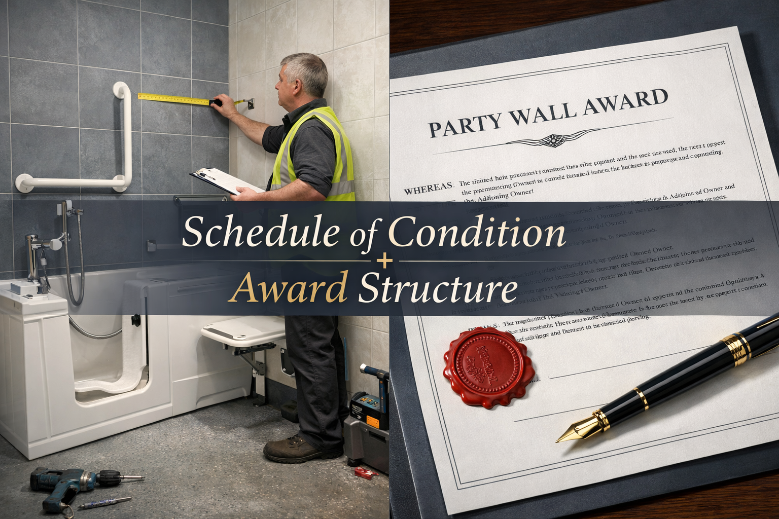 Detailed close-up editorial composite image showing a split view: on the left, a bathroom with wet-room anti-slip flooring