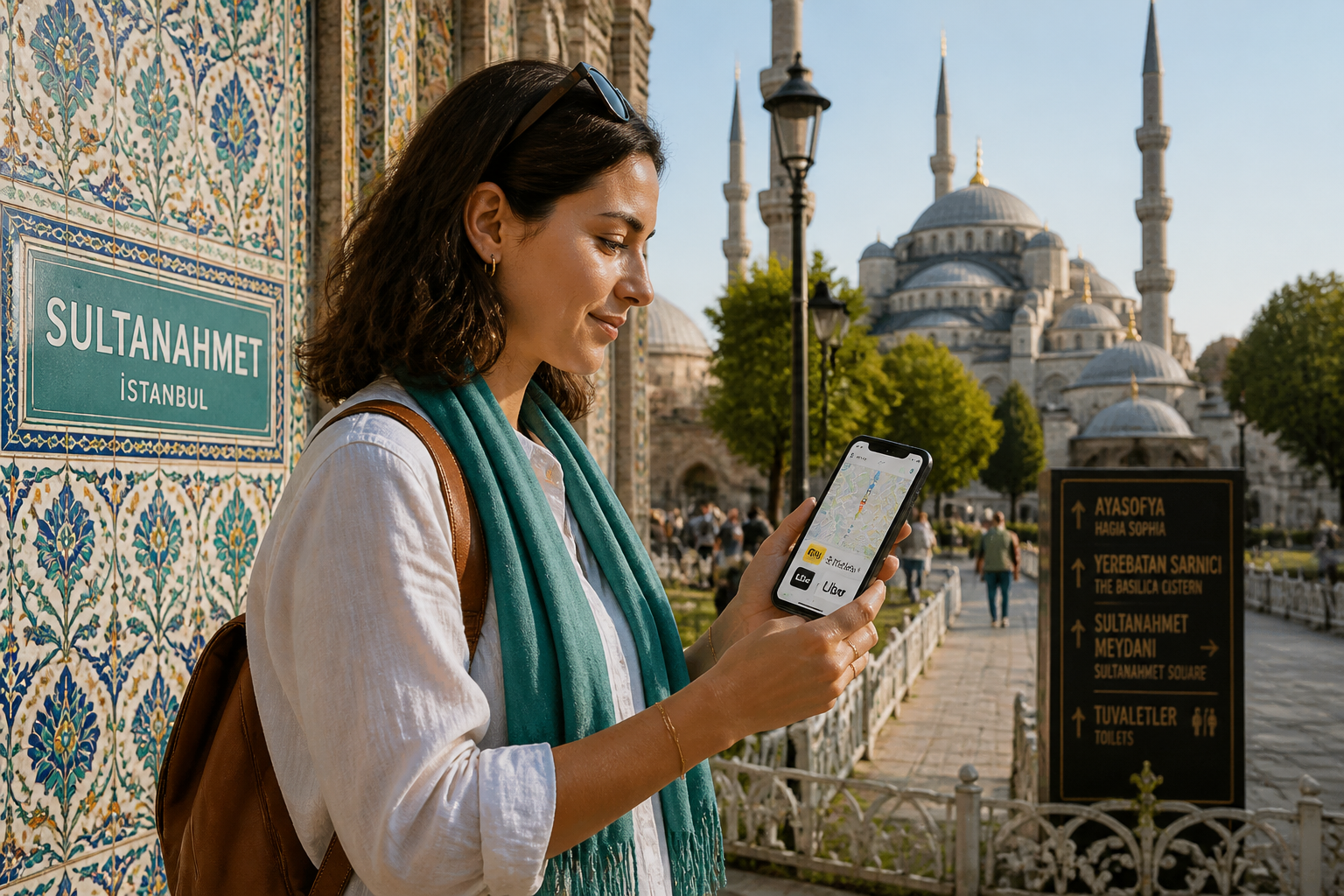 () editorial photo-style illustration showing a solo female traveler consulting a smartphone map app in Istanbul's