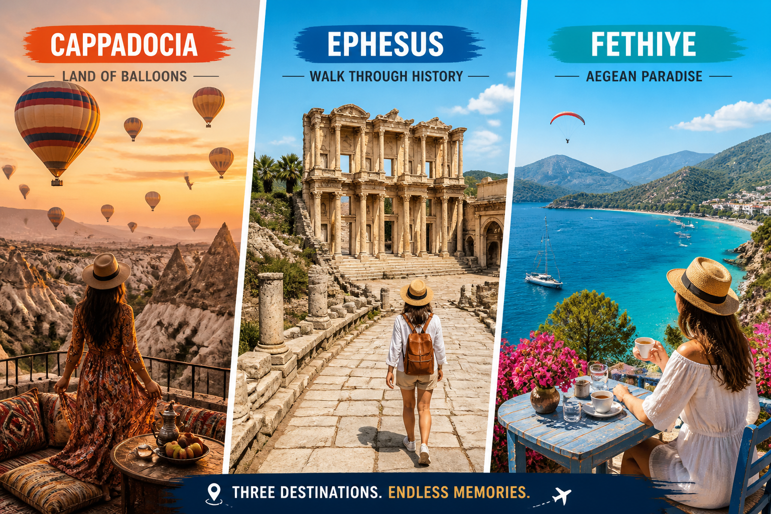 () split-panel travel destination comparison visual showing three distinct Turkish locations side by side: left panel shows