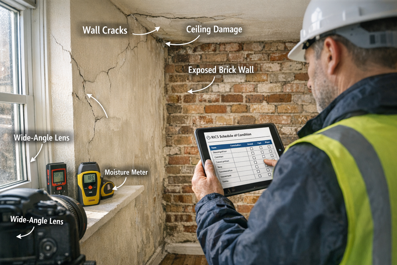 Detailed () image showing professional surveyor conducting room-by-room inspection in residential property, holding tablet