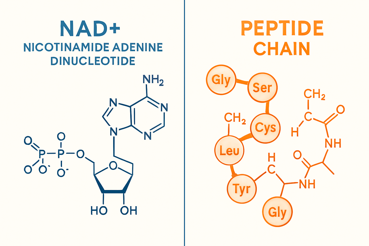 Scientific illustration showing NAD+ molecular structure (nicotinamide adenine dinucleotide) with detailed chemical bonds, atoms labeled, al