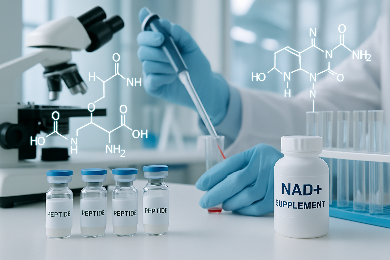 Laboratory research scene showing peptide vials, NAD+ supplements, and scientific equipment on clean white counter. Molecular diagrams float