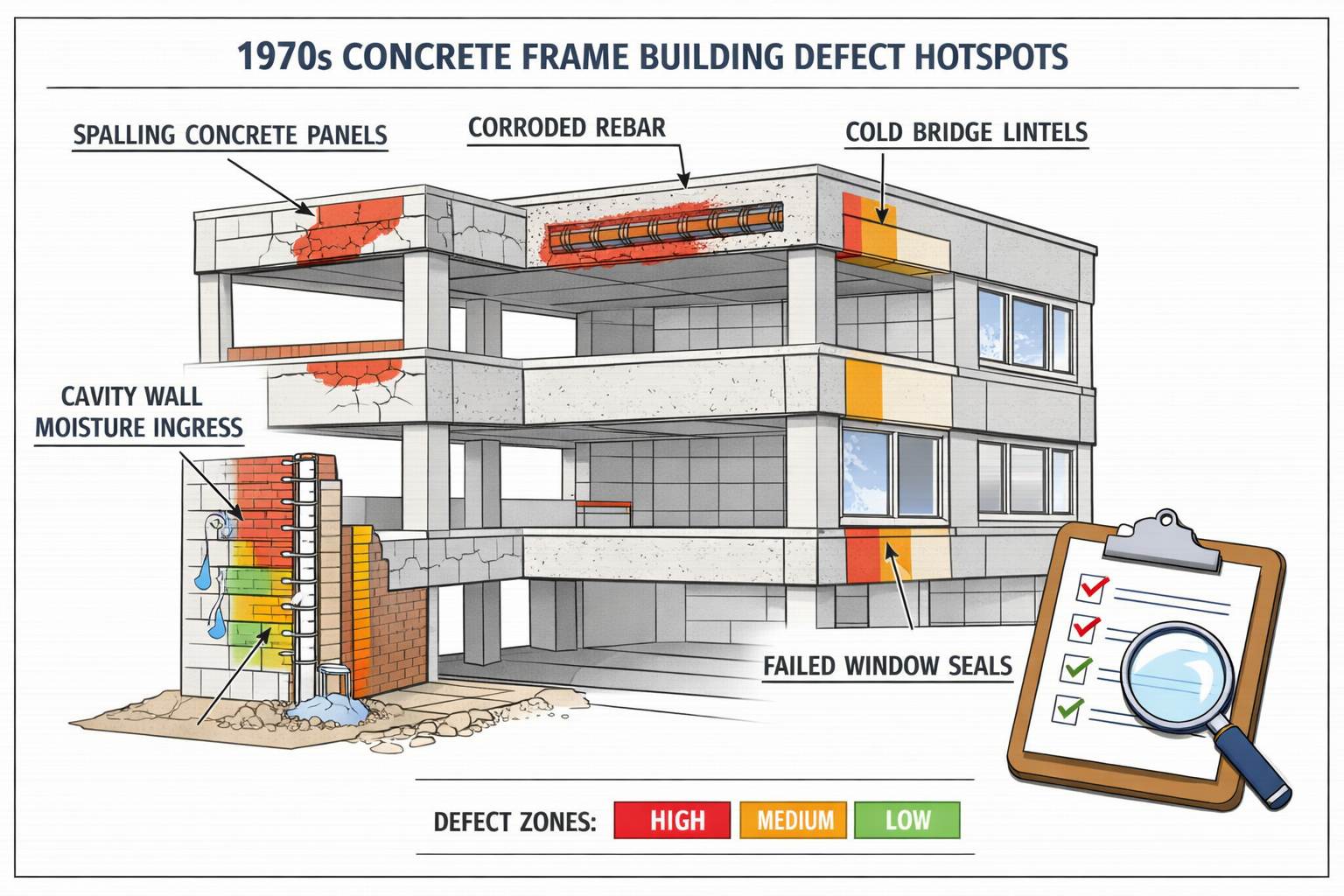 Detailed () infographic-style illustration showing cross-section diagram of 1970s concrete frame building with annotated
