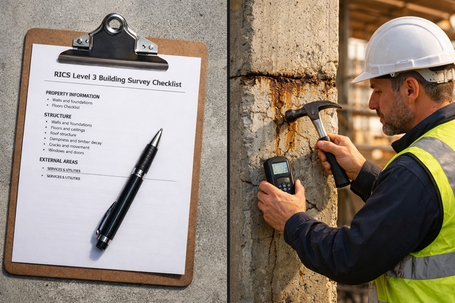 () split-panel image: left side shows RICS Level 3 Building Survey checklist document on clipboard with pen, photographed on