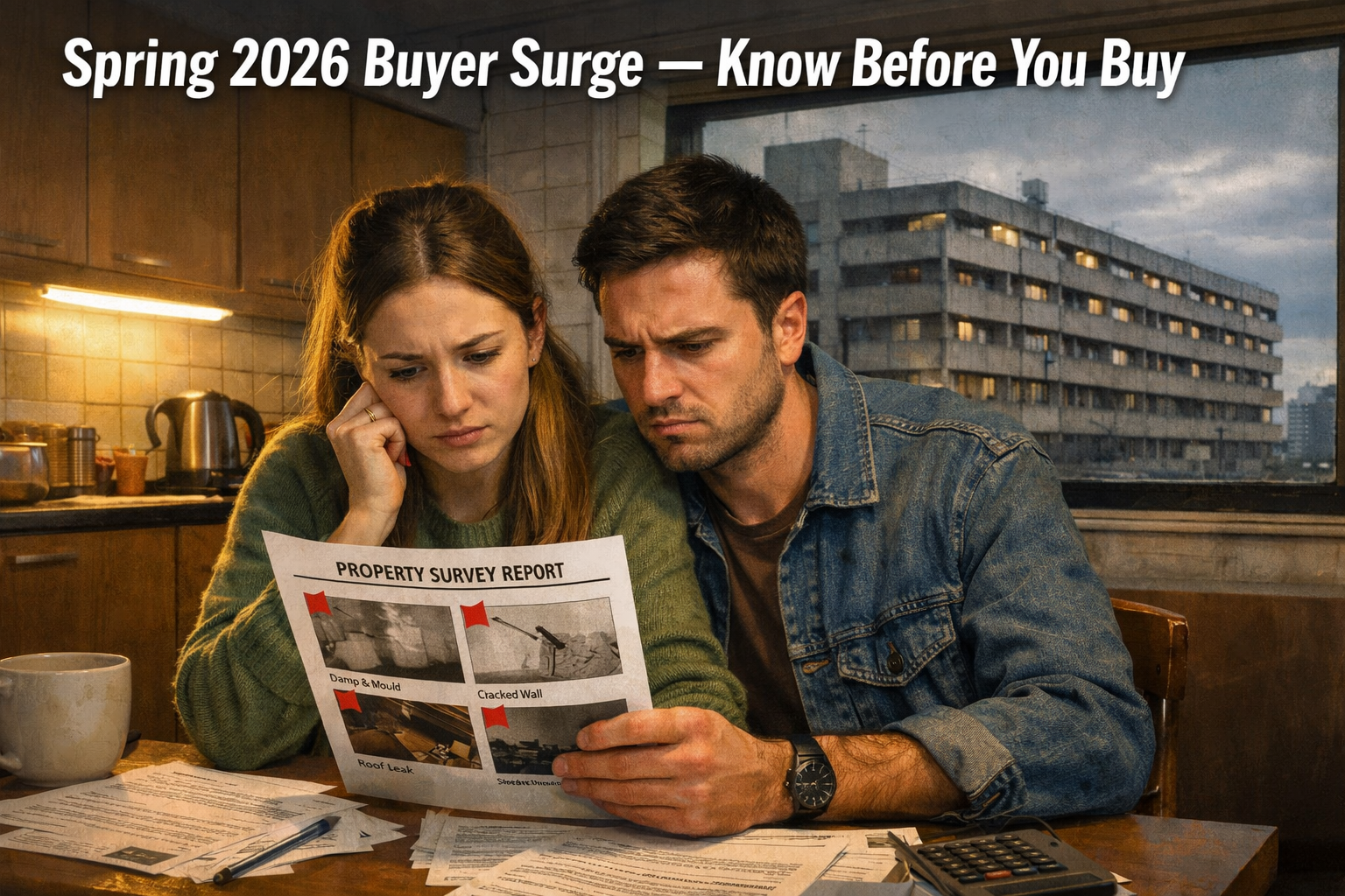 () showing a young first-time buyer couple reviewing survey report documents at a kitchen table inside a 1970s concrete