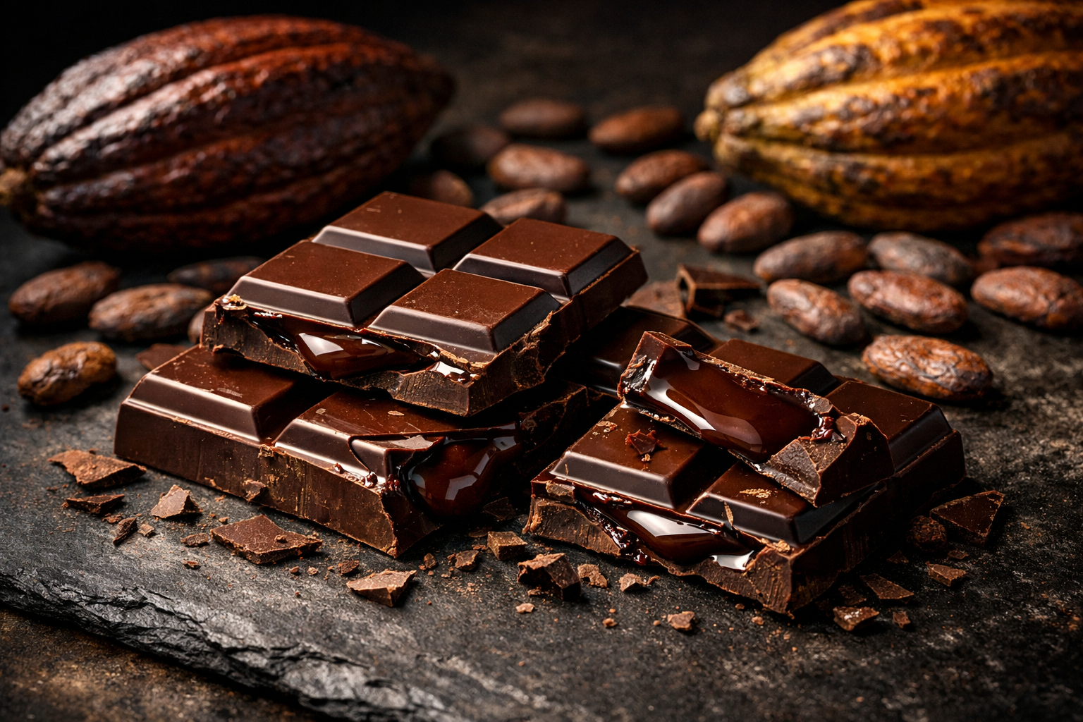 Professional hero image: rich dark chocolate bar broken into pieces revealing glossy interior, scattered cocoa beans and