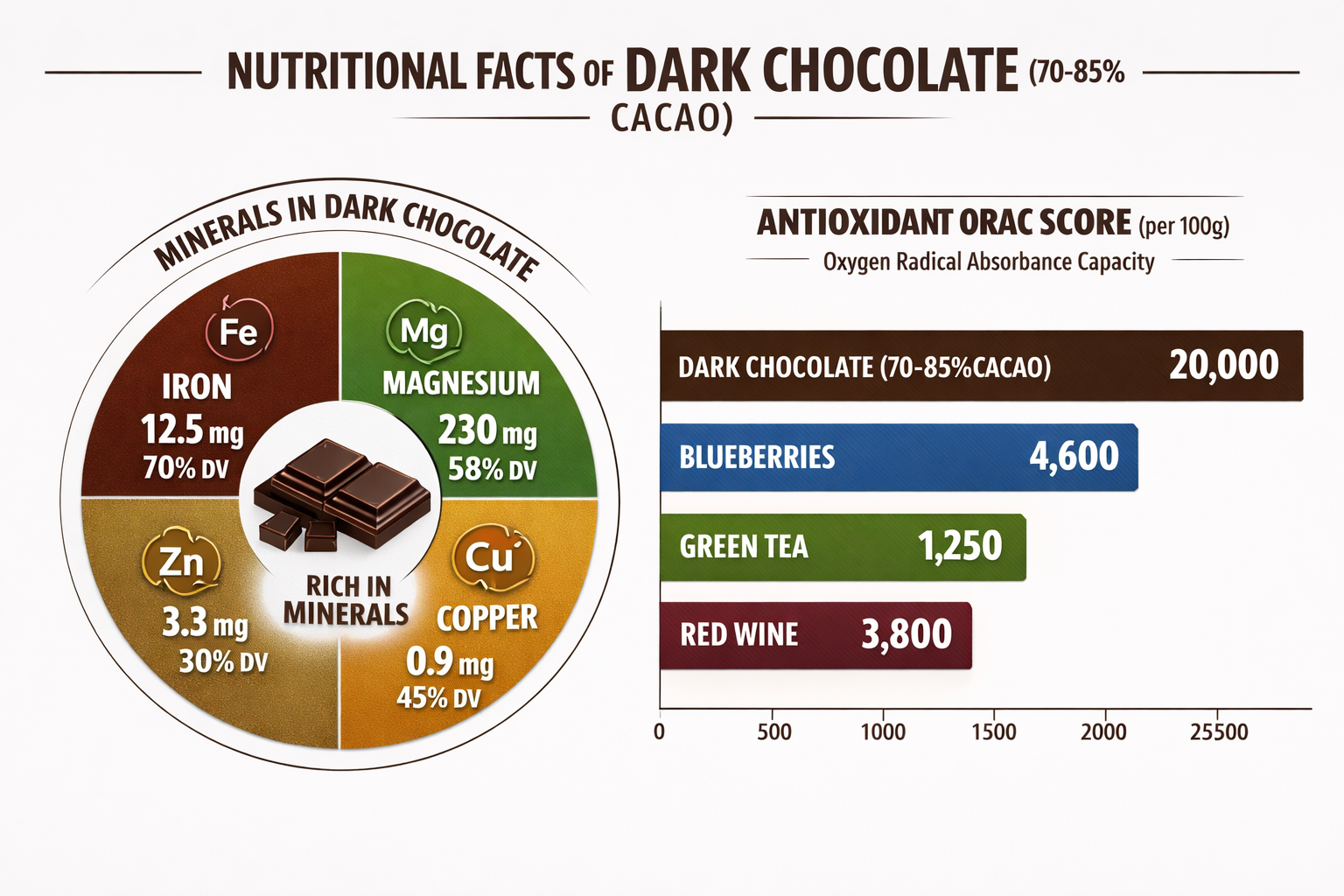 Detailed nutritional infographic for dark chocolate (70-85% cacao): circular chart showing minerals iron magnesium zinc