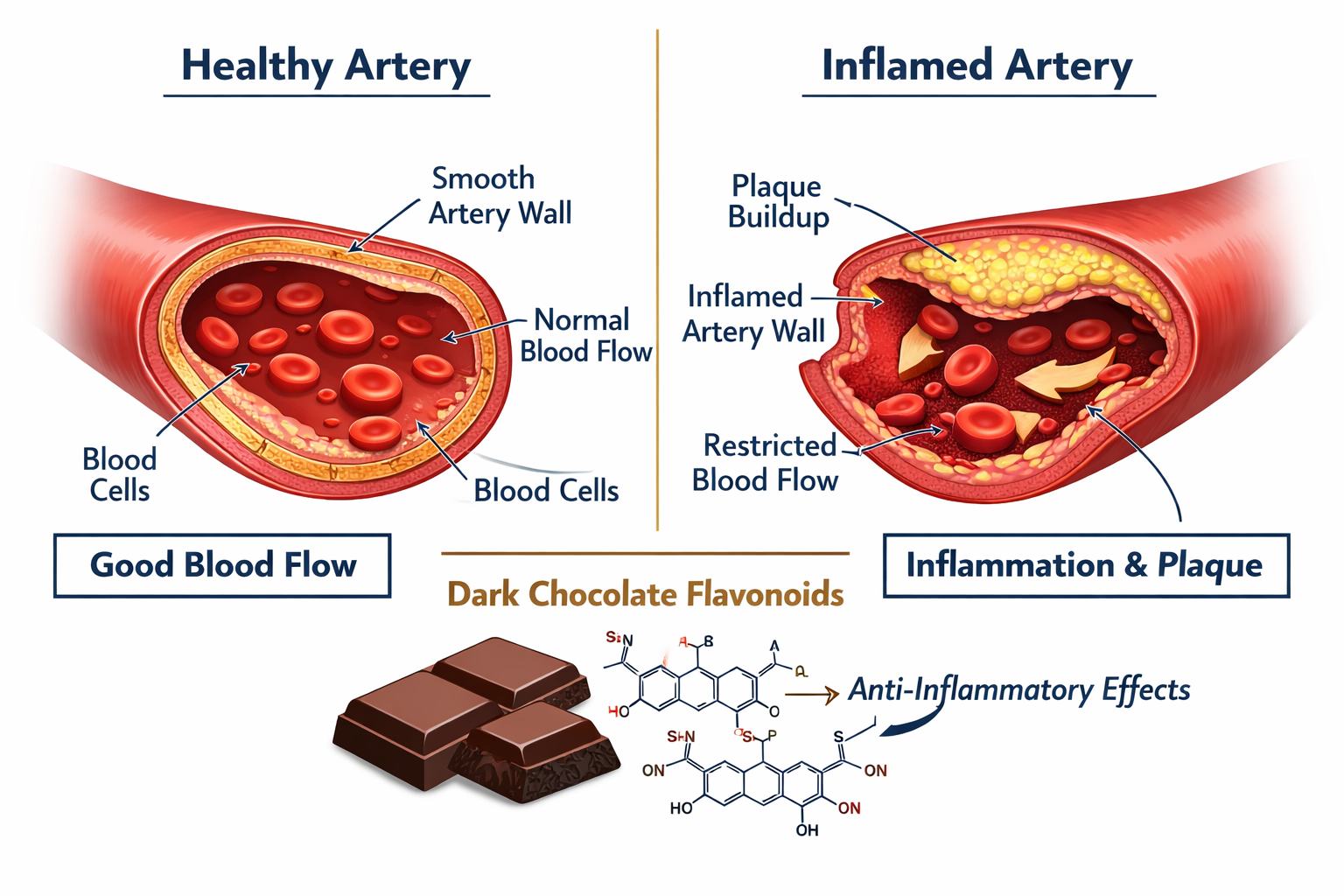 Split medical illustration showing cross-section of healthy artery with good blood flow vs inflamed artery, with dark
