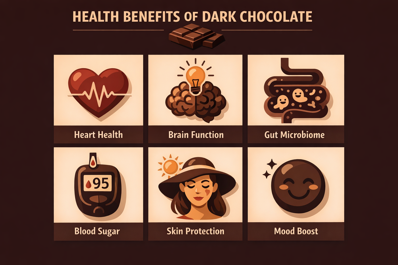 Visual guide showing 6 key health benefits of dark chocolate arranged in icon-based grid layout: heart health, brain