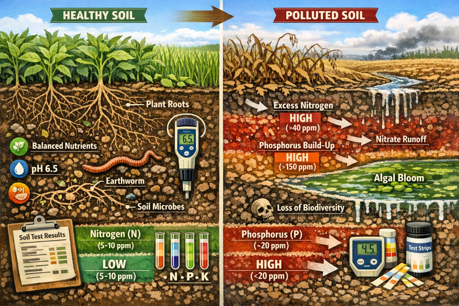 () detailed split-screen composition showing agricultural runoff impact on terrestrial ecosystems. Left side: healthy soil