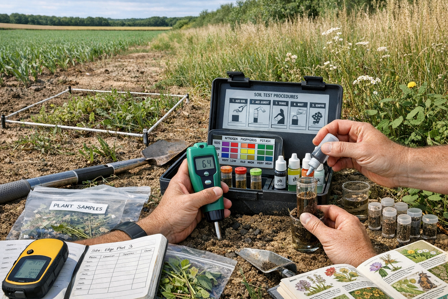 () field surveyor conducting biodiversity assessment in farmland-adjacent habitat, close-up of hands using portable soil