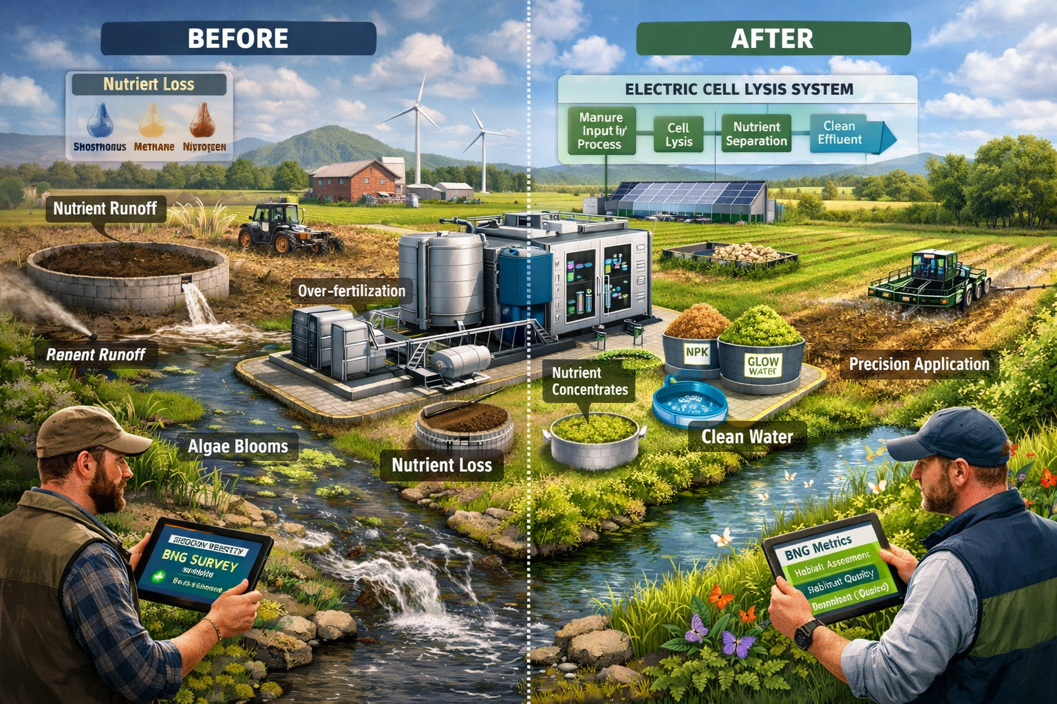 () innovative agricultural technology scene showing Electric Cell Lysis equipment separating nutrients from manure,