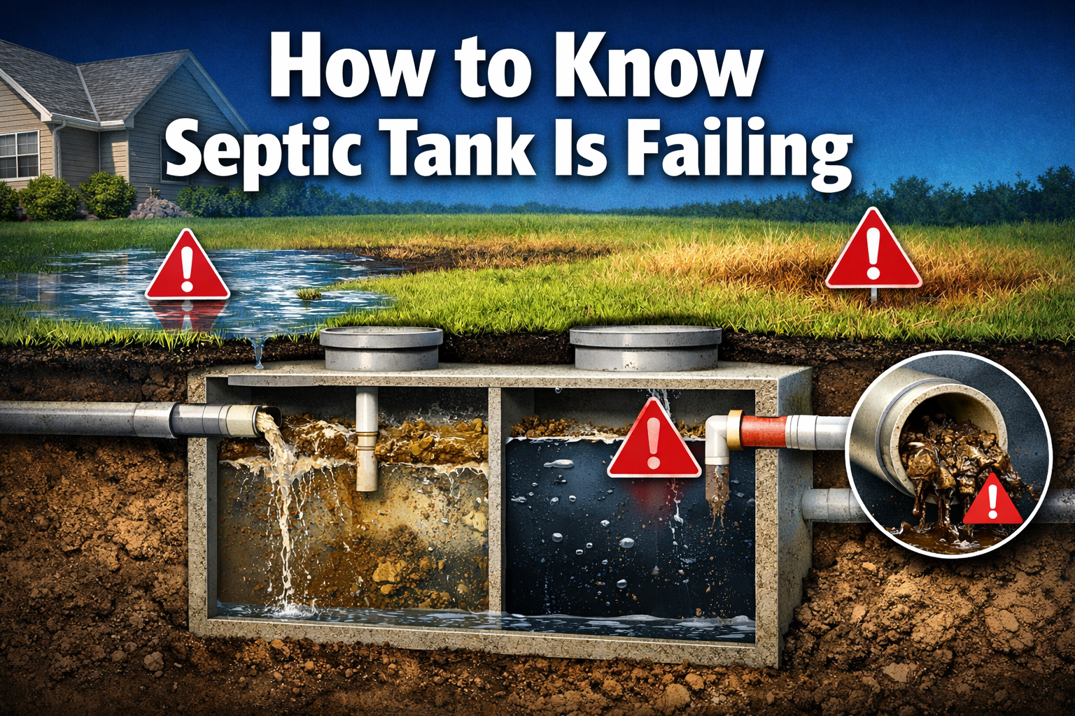 Professional landscape format (1536x1024) hero image with bold text overlay 'How to Know Septic Tank Is Failing' in 70pt white sans-serif fo
