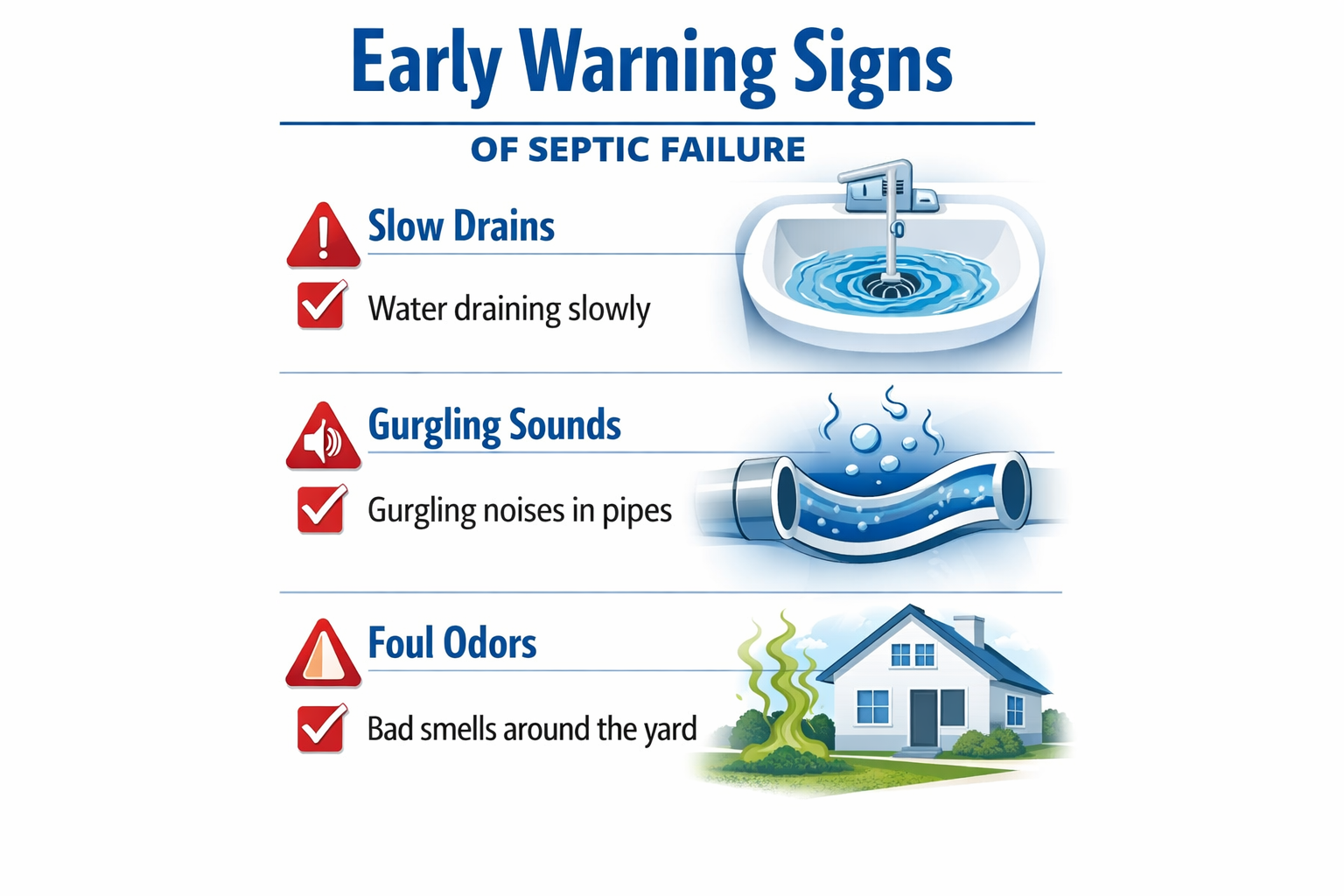 Portrait format (1024x1536) infographic showing early warning signs of septic failure - slow drains, gurgling sounds, foul odors, with red w