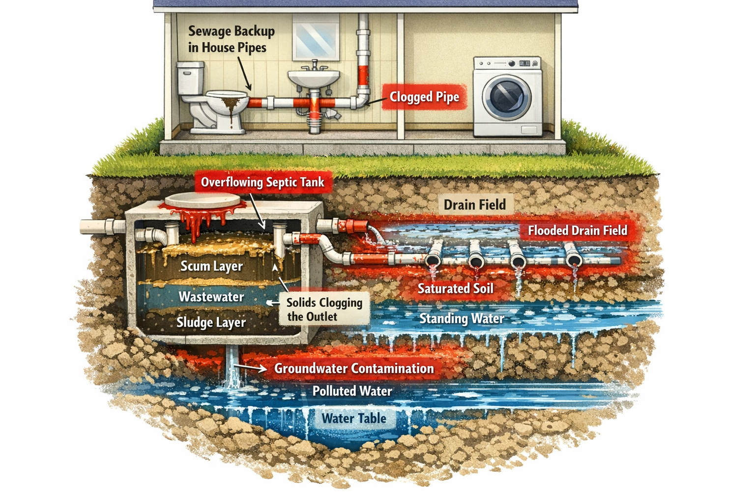 Portrait format (1024x1536) detailed cross-section illustration of failing septic system showing sewage backup in house pipes, saturated dra