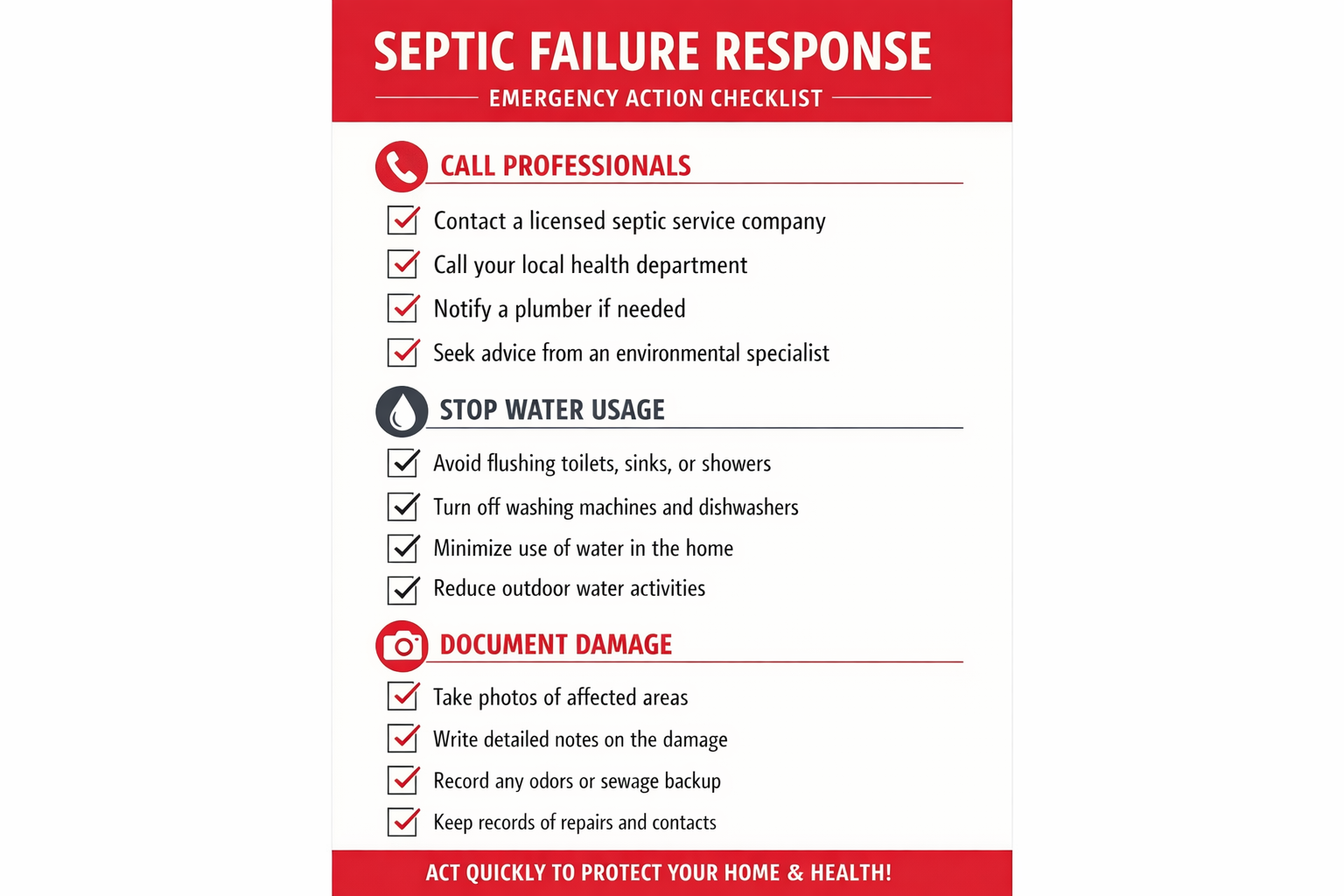 Portrait format (1024x1536) emergency action checklist with numbered steps for septic failure response - call professionals, stop water usag