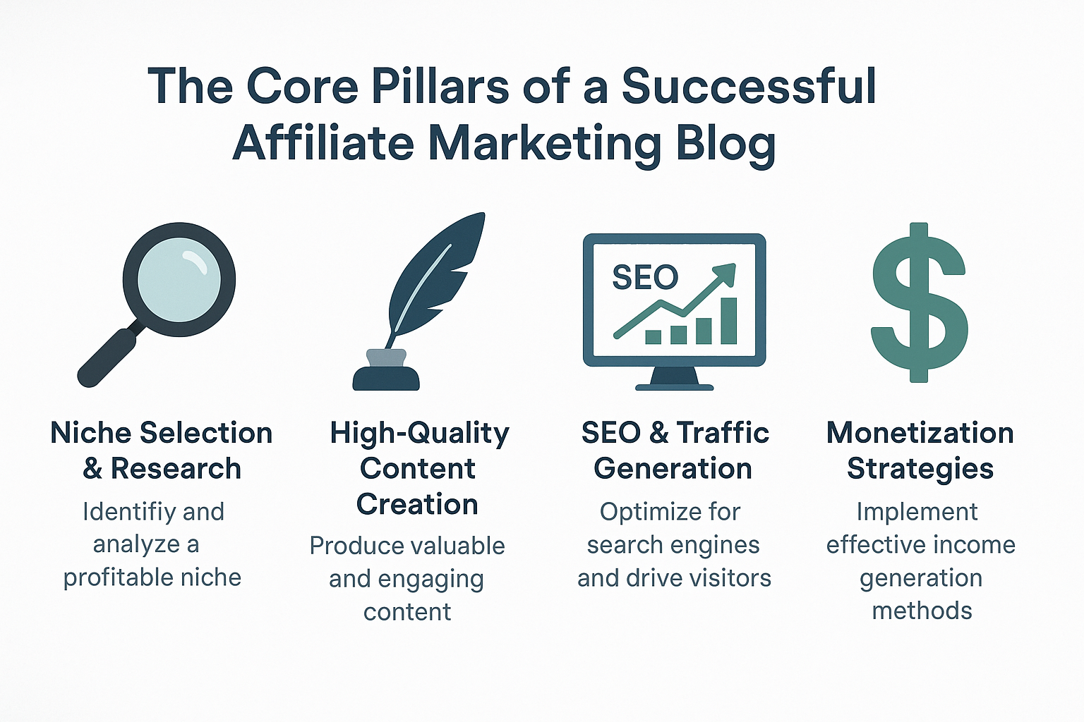 A visually engaging infographic titled 'The Core Pillars of a Successful Affiliate Marketing Blog' (1536x1024) showcasing four distinct sect