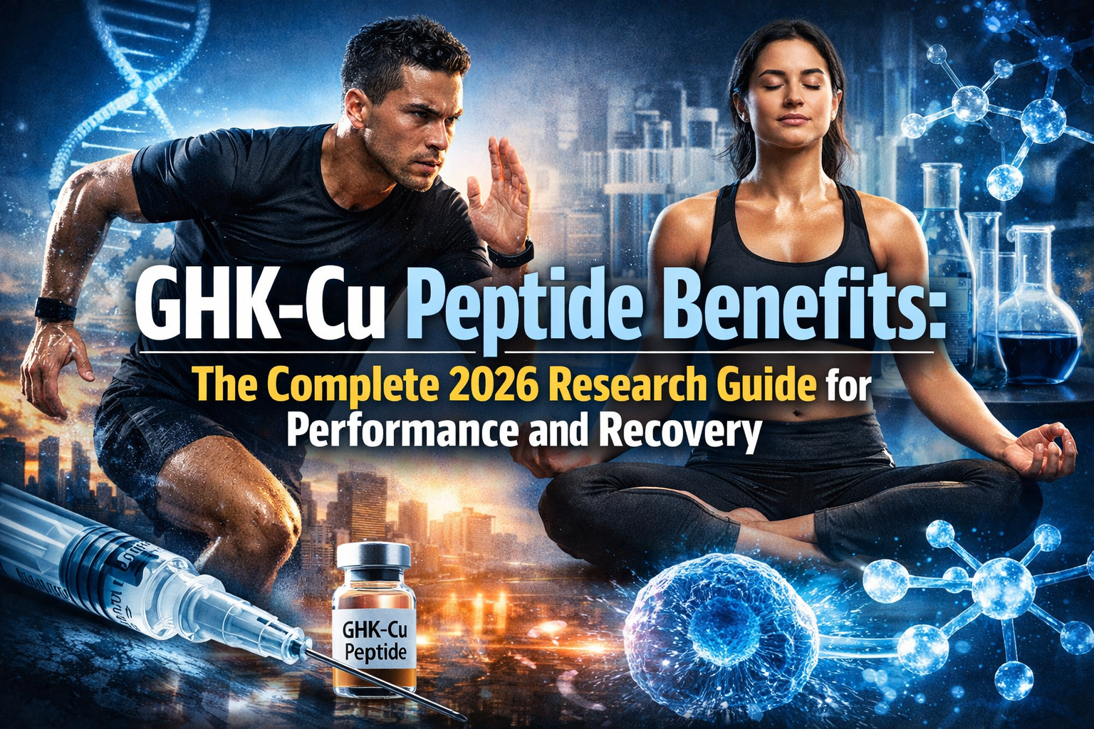 Professional landscape hero image (1536x1024) with bold text overlay: "GHK-Cu Peptide Benefits: The Complete 2026 Research Guide for Perform