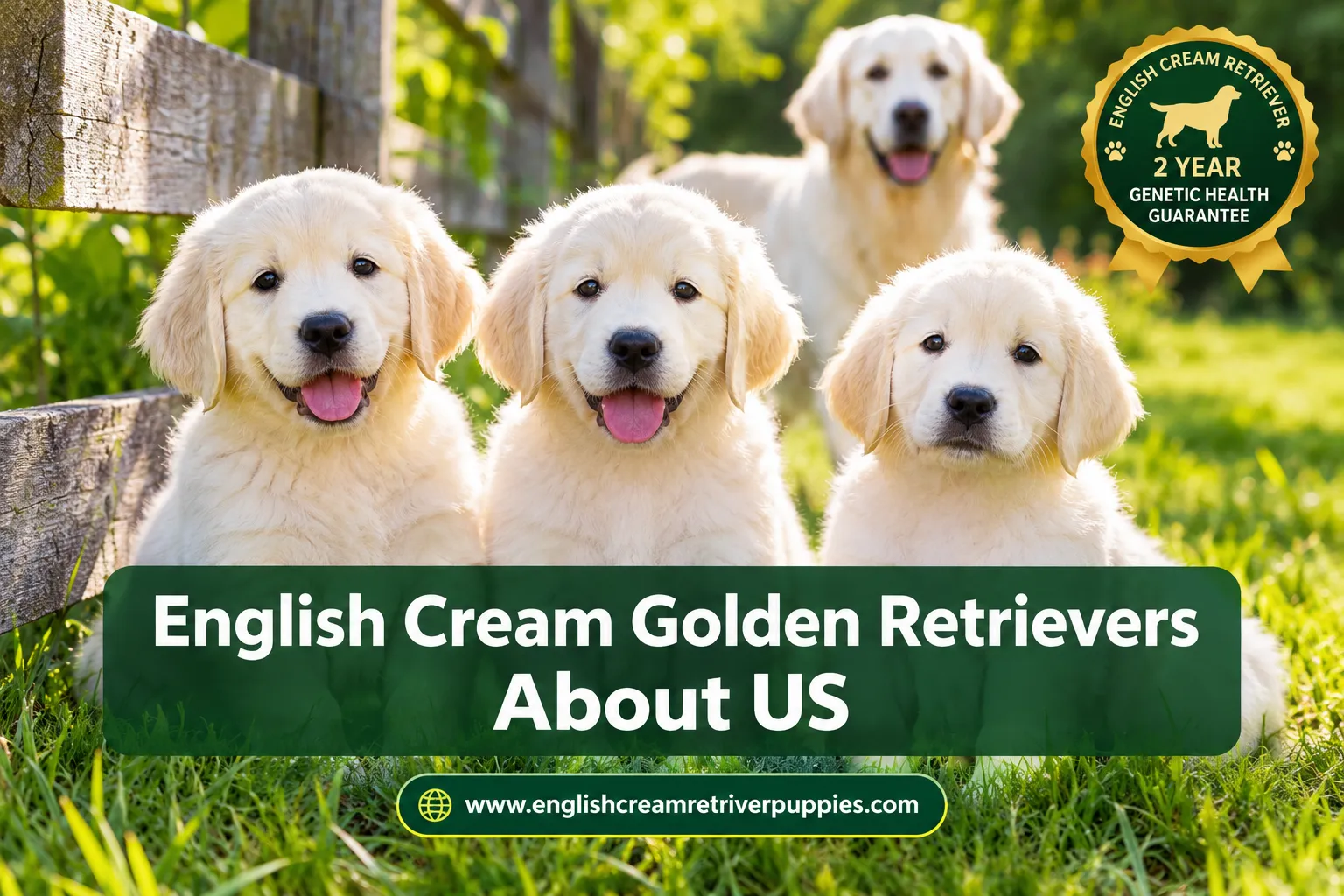 Professional () editorial hero image with SHORT (≤42 chars): 'English Cream Golden Retrievers About US' set on two centered