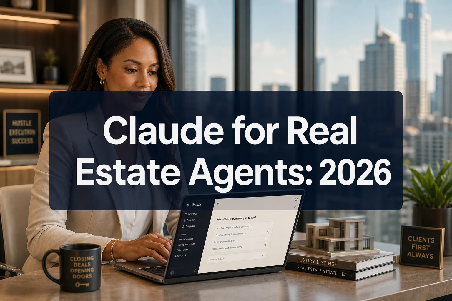 Professional () hero image with (≤42 chars): 'Claude for Real Estate Agents: 2026', crisp white on a semi-transparent dark