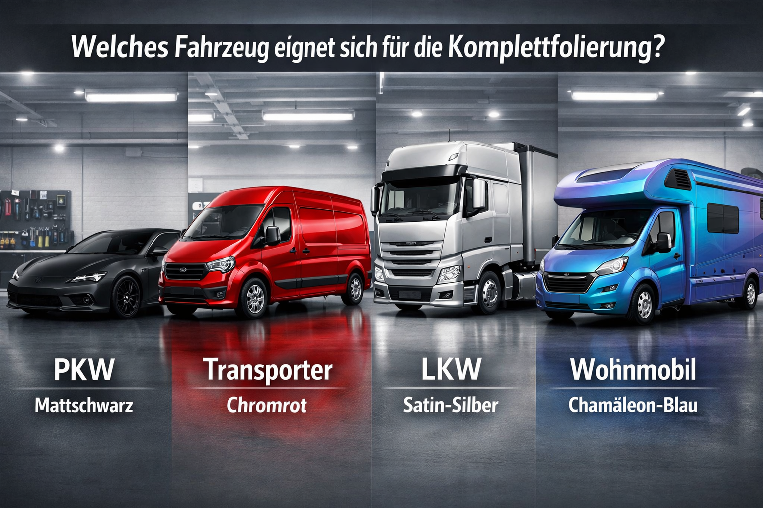() split-scene infographic showing four vehicle types side by side — PKW, Transporter, LKW, Wohnmobil — each with a