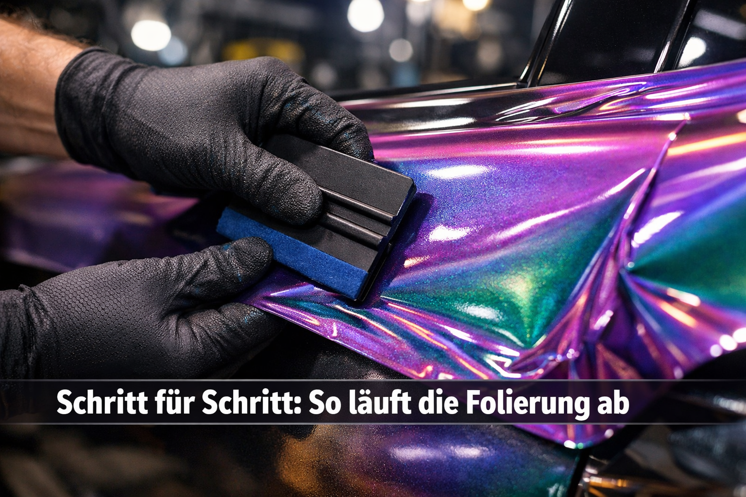 () close-up macro photography of a technician's gloved hands applying a high-gloss vinyl wrap film to a car door panel,
