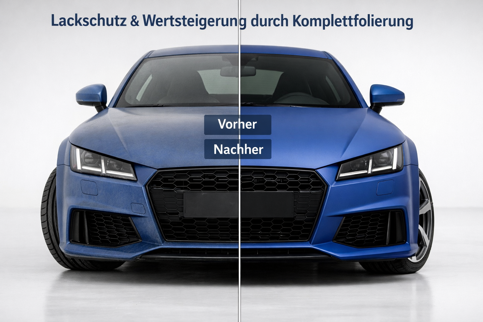 () before-and-after split image of the same vehicle — left half shows faded original paint, right half shows freshly applied