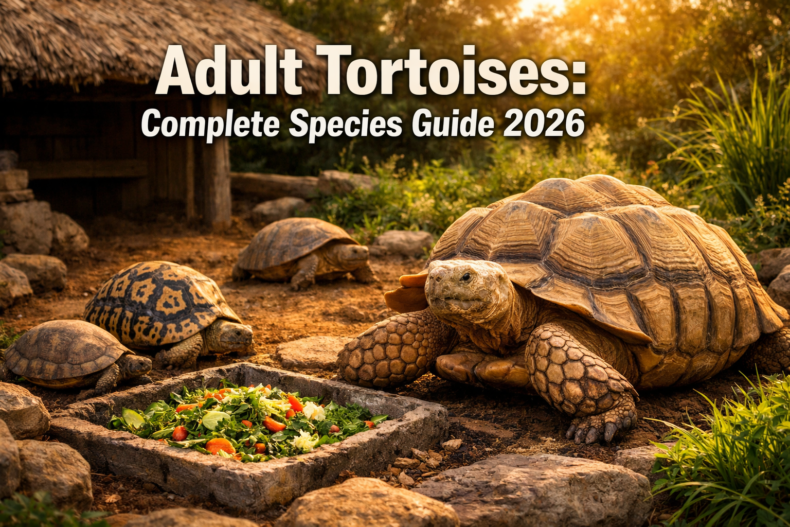Professional landscape hero image (1536x1024) featuring bold text overlay 'Adult Tortoises: Complete Species Guide 2026' in extra large 72pt