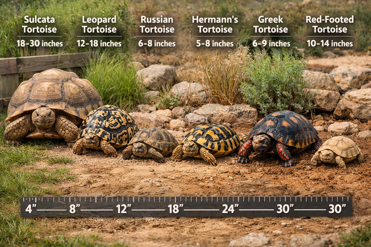 Detailed landscape image (1536x1024) showing comparison of seven popular adult tortoise species side by side in outdoor enclosures. Features