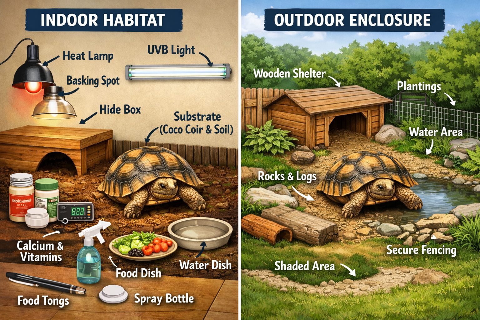 Comprehensive landscape image (1536x1024) depicting complete adult tortoise care setup both indoor and outdoor. Split-screen composition sho