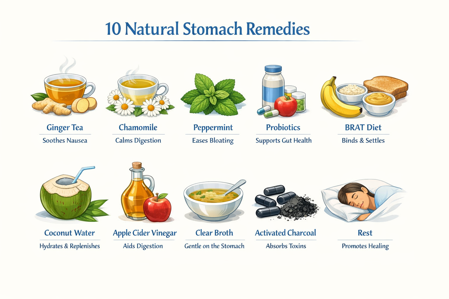 The 10 natural stomach remedies as a visual guide: icons for ginger tea, chamomile, peppermint, probiotics, BRAT diet,