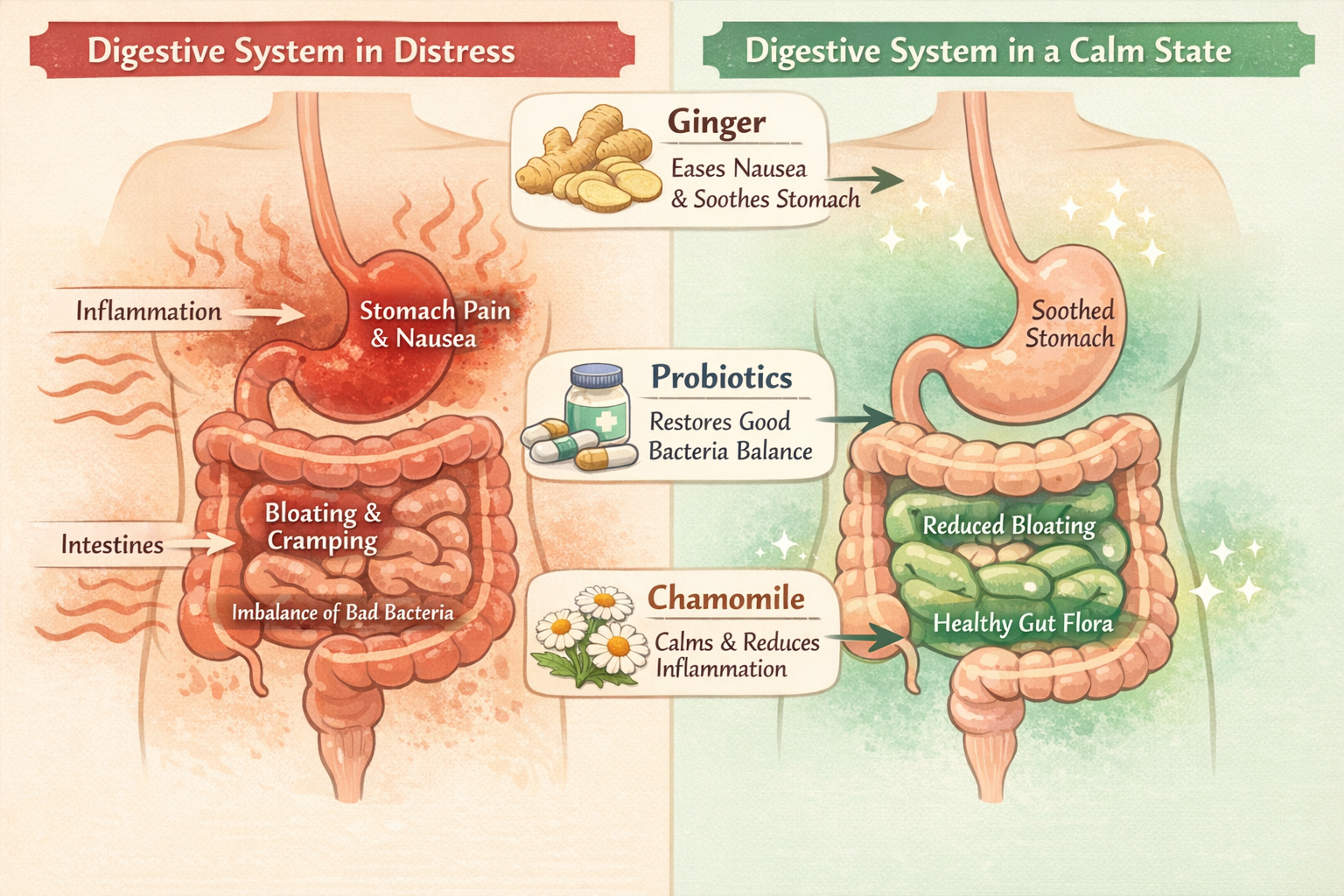 Split-panel diagram comparing the digestive system in distress vs. calm state, with labeled arrows showing how ginger,
